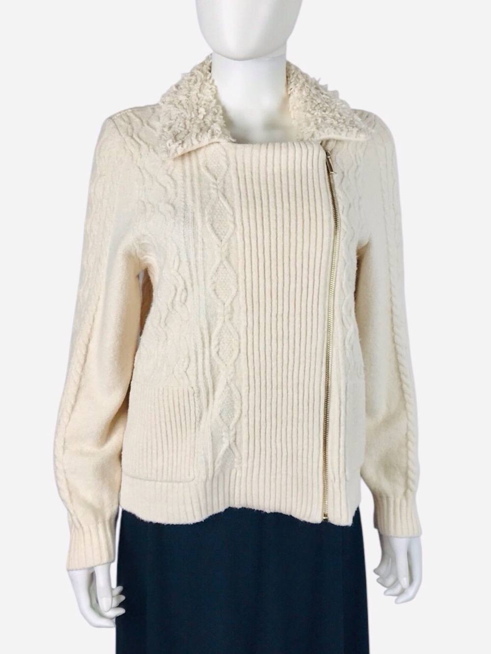 Chico's NWT Cream Cable Knit Cardigan Moto Zip with Faux-Sherpa Collar